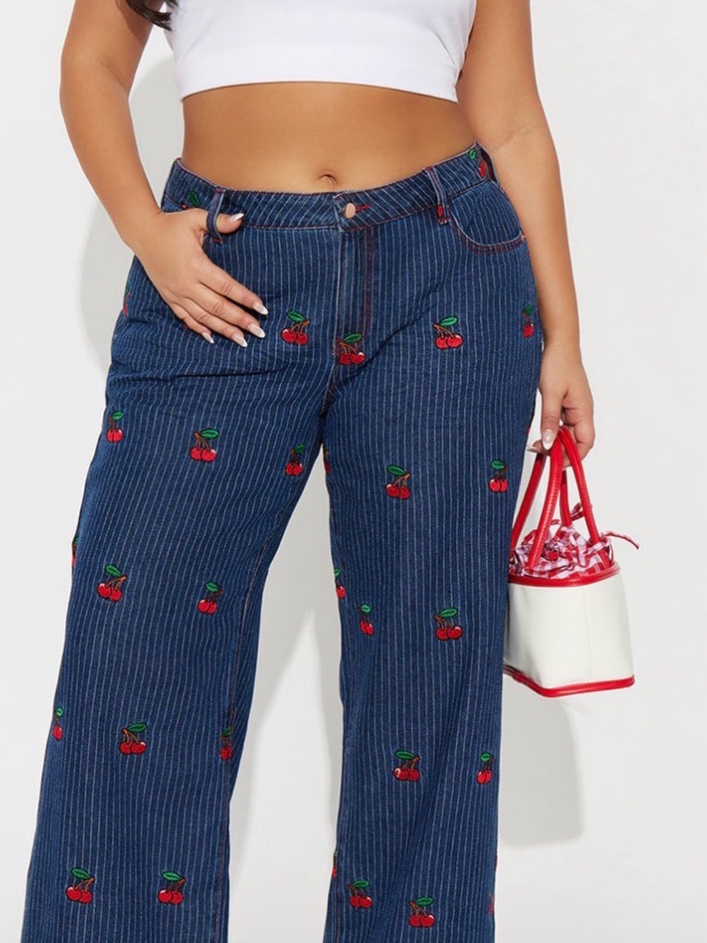 Plus High-Waist Cherry Embroidered Wide-Leg Jeans - Navy